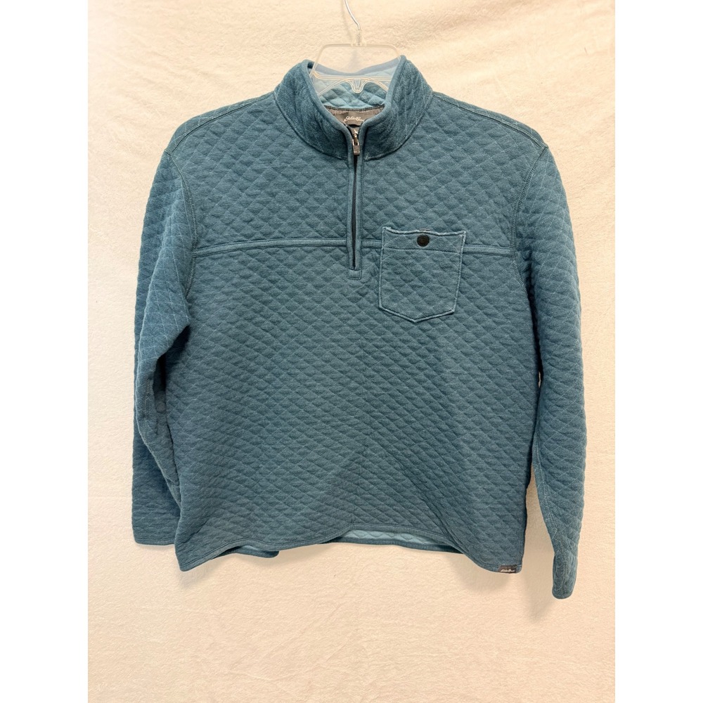 Eddie Bauer Mens Quilted Quarter Zip Pullover Blue Gray Diamond Stitch Large